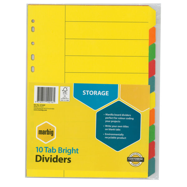MARBIG DIVIDER A4 10 TAB MULTI-COLOUR